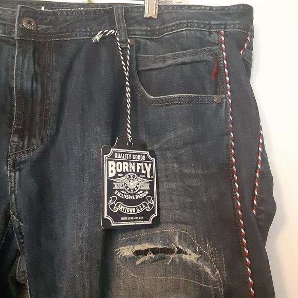 Born Fly Men's 42x30 Denim Jeans Embroidered Stitching Distressed Hip Hop EUC - Picture 2 of 16